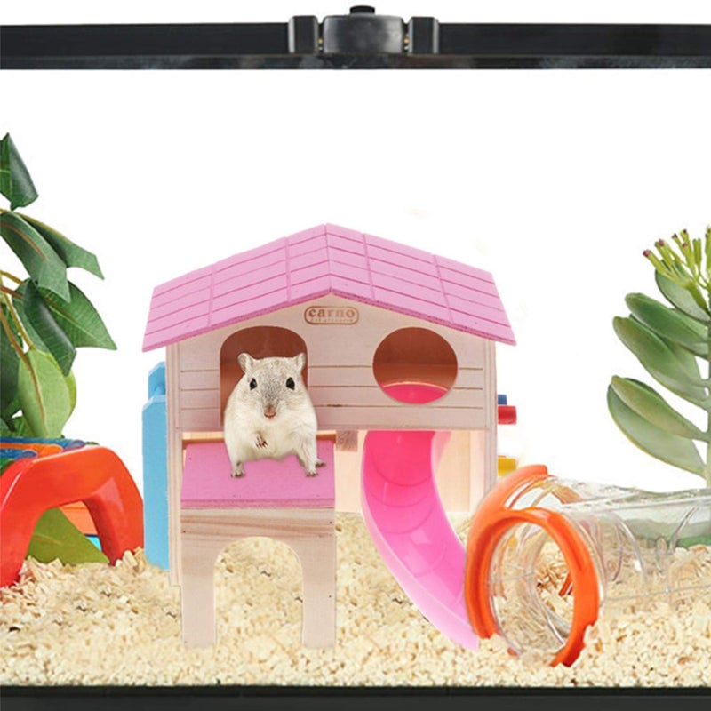 kathson Pet Small Animal Hideout Hamster House with Funny Climbing Ladder Slide Wooden Hut Play Toys Chews for Small Animals Like Dwarf Hamster and Mouse(Pink) - Image 5